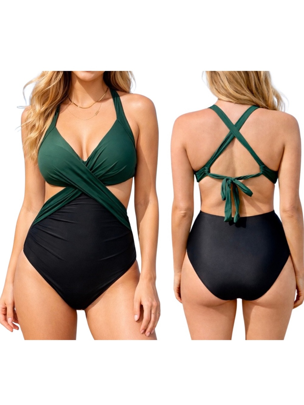 CUPSHE Green & Black Wrap One-Piece Swimsuit • Size Large • NEW WITH TAGS